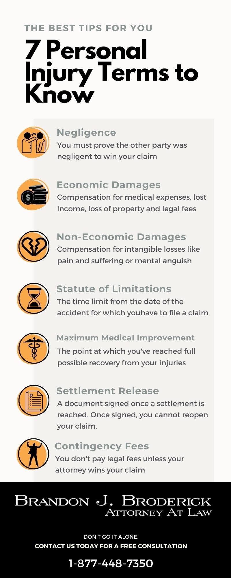 Personal injury terms to know: 1. Negligence 2. Settlement Release 3. Economic Damages 4. Non-economic damages 5. Statute of limitations 6. Maximum medical improvement 7. Contingency fees