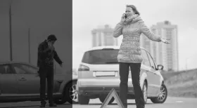 woman on phone upset after being hit by uninsured driver