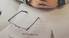 lawsuit paperwork and glasses on a desk