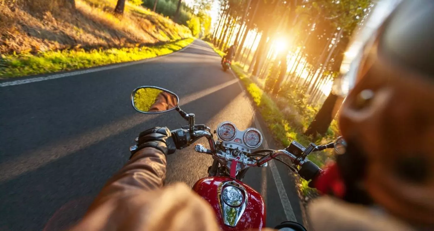 Safe motorcycle rider from vantage point of shoulder